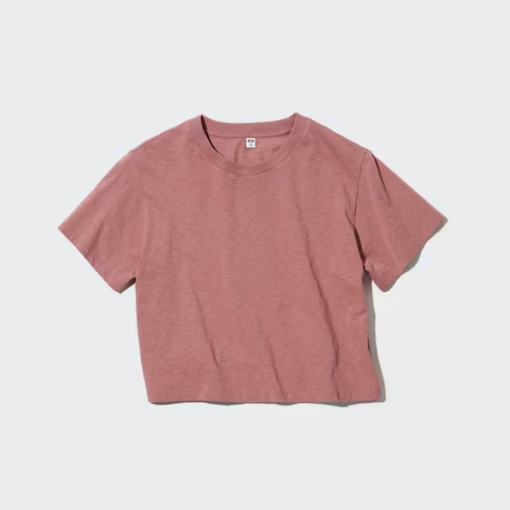 Uniqlo Slub Jersey Crew Neck Cropped Brown Red T-Shirt Womens Small